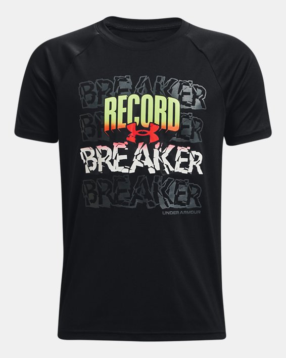 เสื้อแขนสั้น UA Tech™ Record Breaker สำหรับเด็กผู้ชาย, Black, pdpMainDesktop image number 0